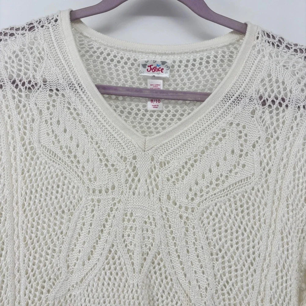 Justice Girls Ivory Crochet‎ Butterfly Fringe Poncho Top Shimmer Knit  Boho 8/10